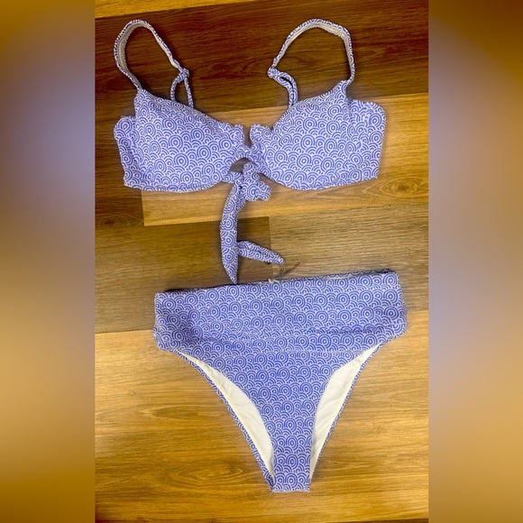 NWT Berlook Blue Jacquard textured  high waisted Bikini Swimsuit Size Large - Picture 1 of 7